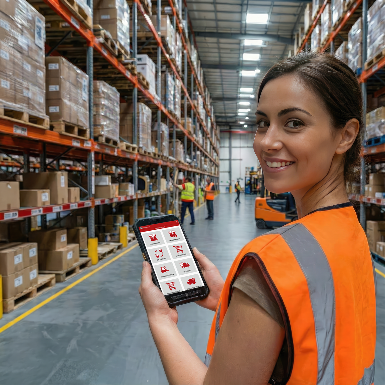 Mitarbeiterin mit mobilem Handheld SAP Business One in mittelständischem Unternehmen